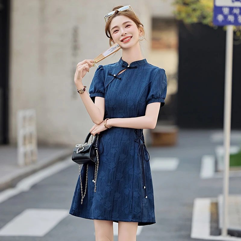 新中式国风连衣裙女2025夏季新款复古气质立领小个子蓝旗袍短裙子