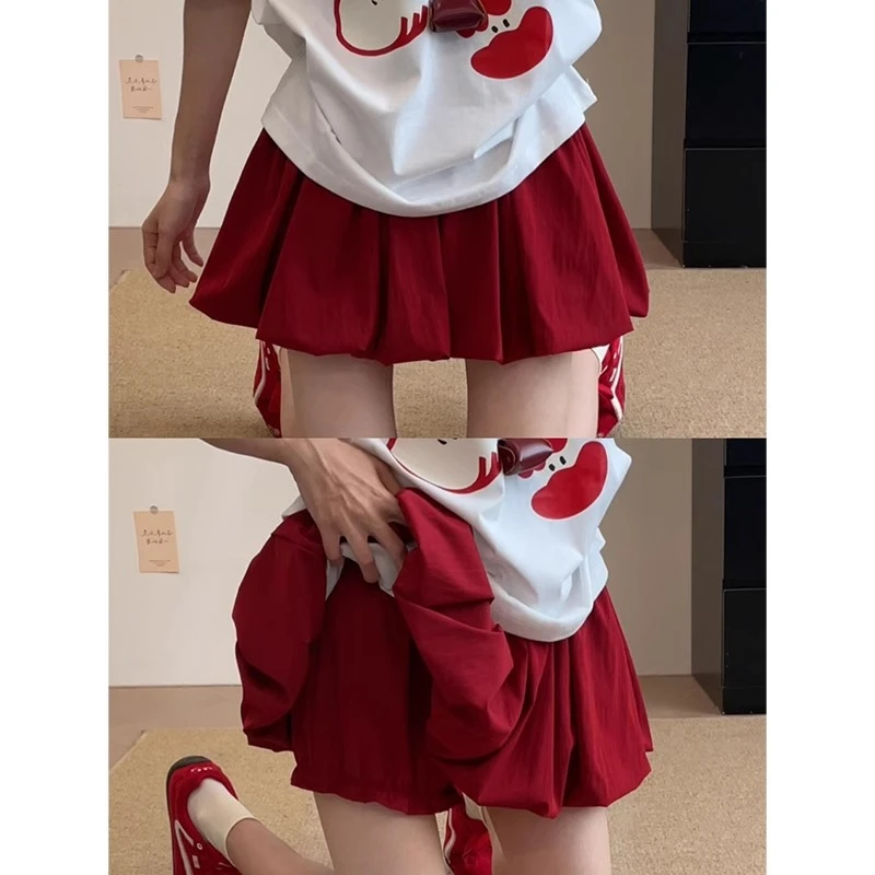 红色花苞裙裤女夏季薄款高腰显瘦防走光半身裙小个子甜美风蓬蓬裙
