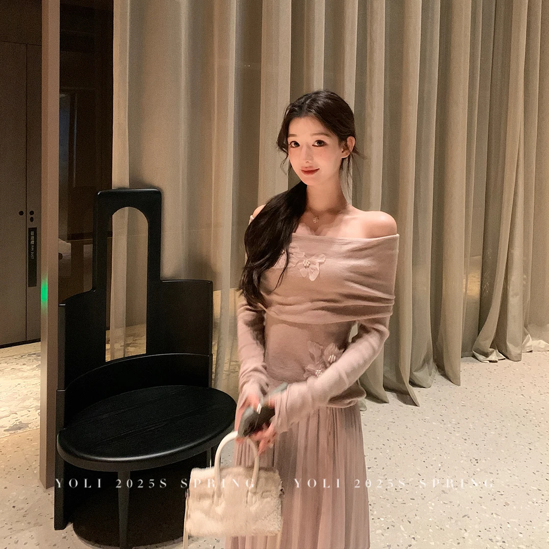 YOLI 张宥利"花间絮语"紫色花朵一字肩针织衫女羊毛混纺纯欲上衣