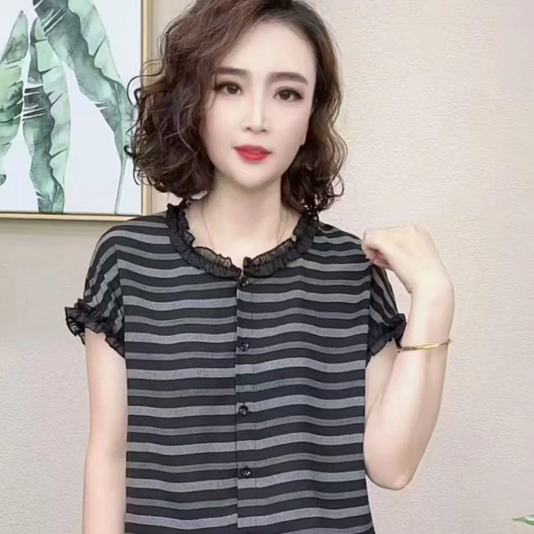 天丝麻女士半袖黑条纹蕾丝边网红爆款弹力透气