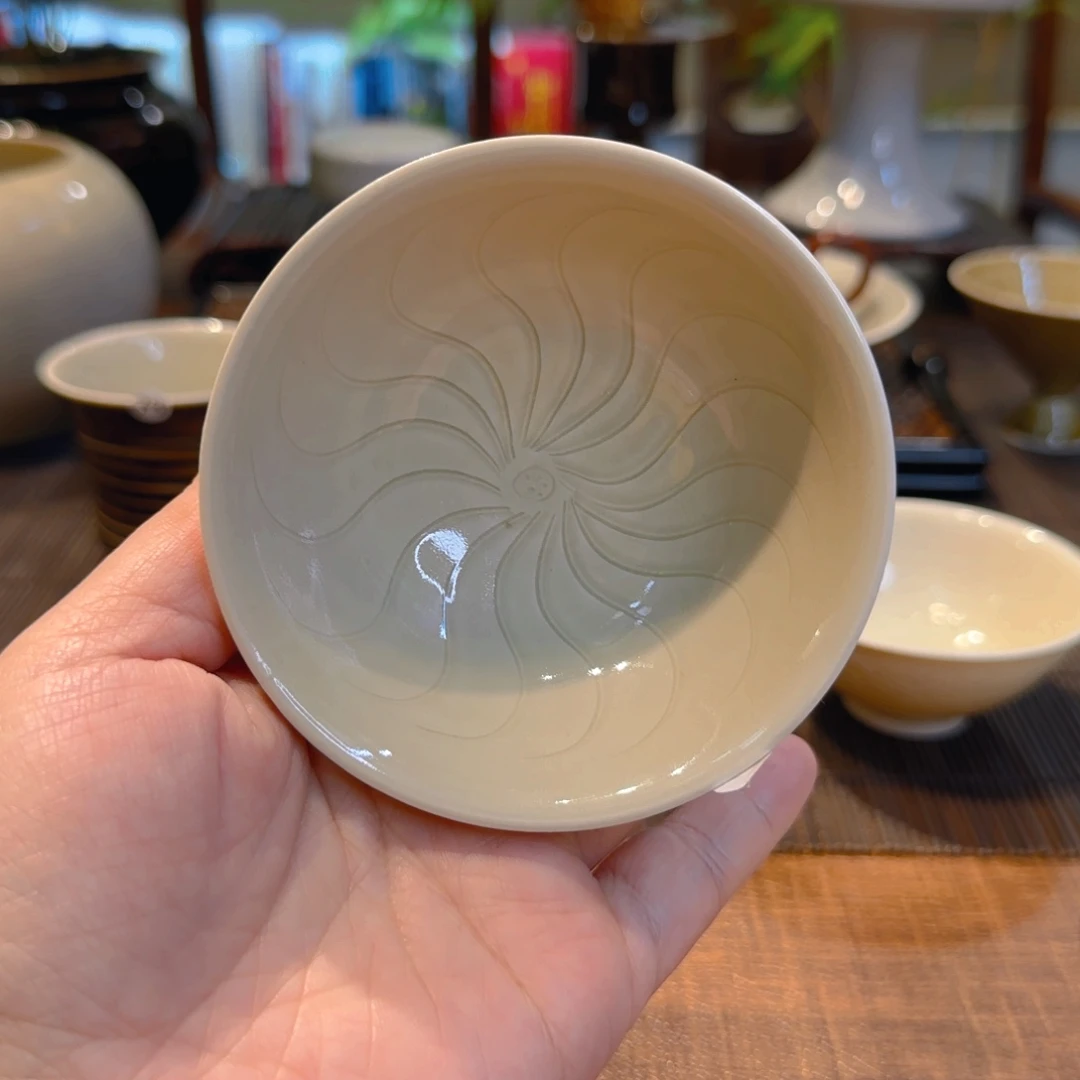 孤品 仿古泥斗笠碗 旋风纹 100ml