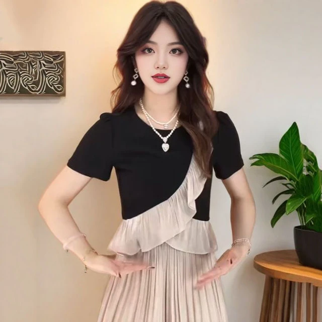 大码胖mm法式气质设计感荷叶边短袖T恤女夏季新款独特别致小上衣