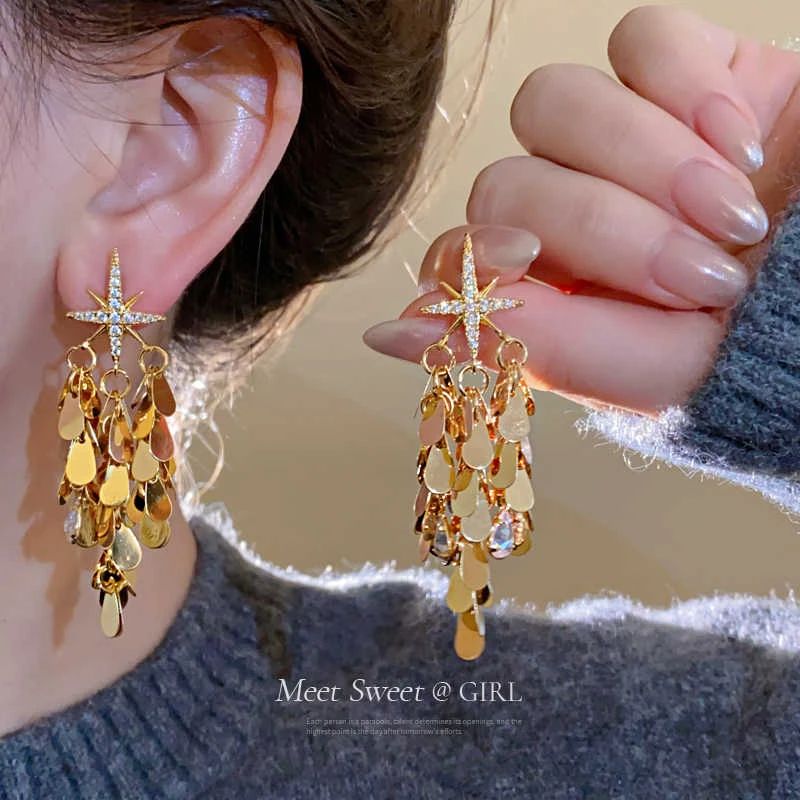 铜合金合成锆石耳饰 金属芒星流苏耳坠高级耳环2025新款夸张耳饰