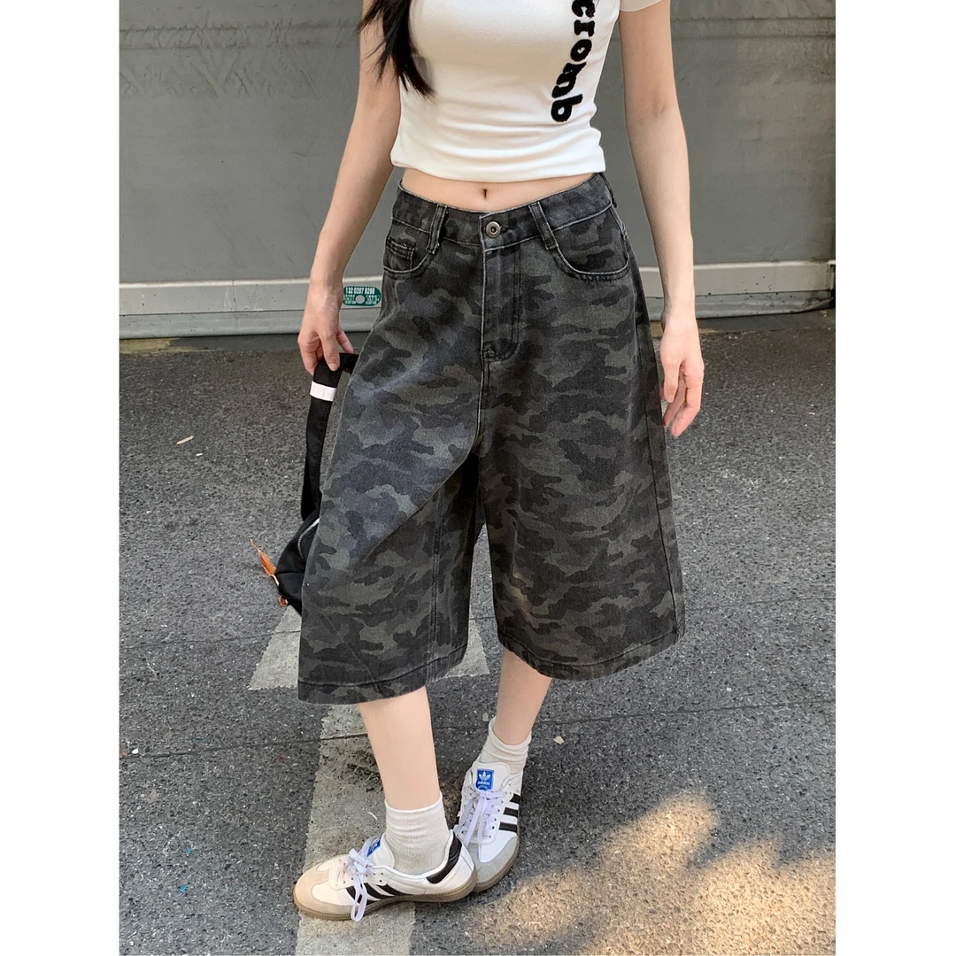 大码胖mm美式复古迷彩牛仔裤女夏季高腰宽松显瘦阔腿裤辣妹七分裤
