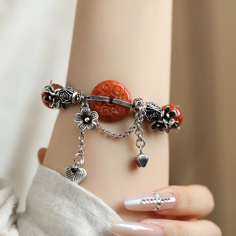 <一禅兄>S925银红翡翠花纹平安扣花纹圆珠叶子流苏花苞尾坠手链