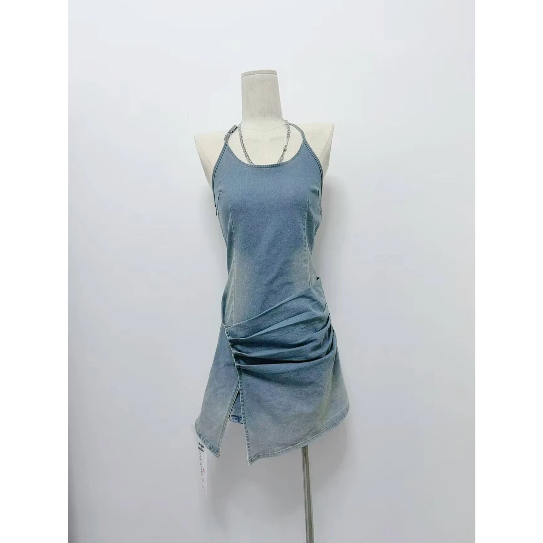 无袖蓝色开叉十一家原创夏季新款修身显瘦叠褶挂脖牛仔长裙E