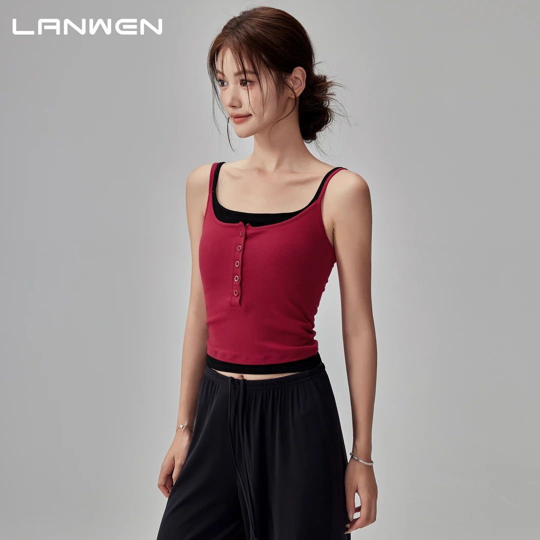 岚纹拼色假两件健身服背心女外穿带胸垫普拉提瑜伽上衣运动无袖夏