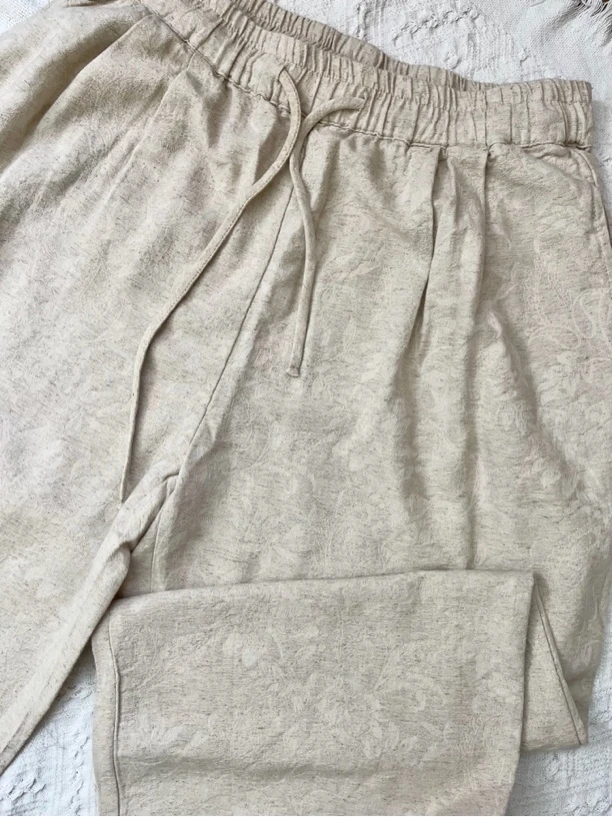 新中式国风休闲亚麻提花直筒裤阔腿