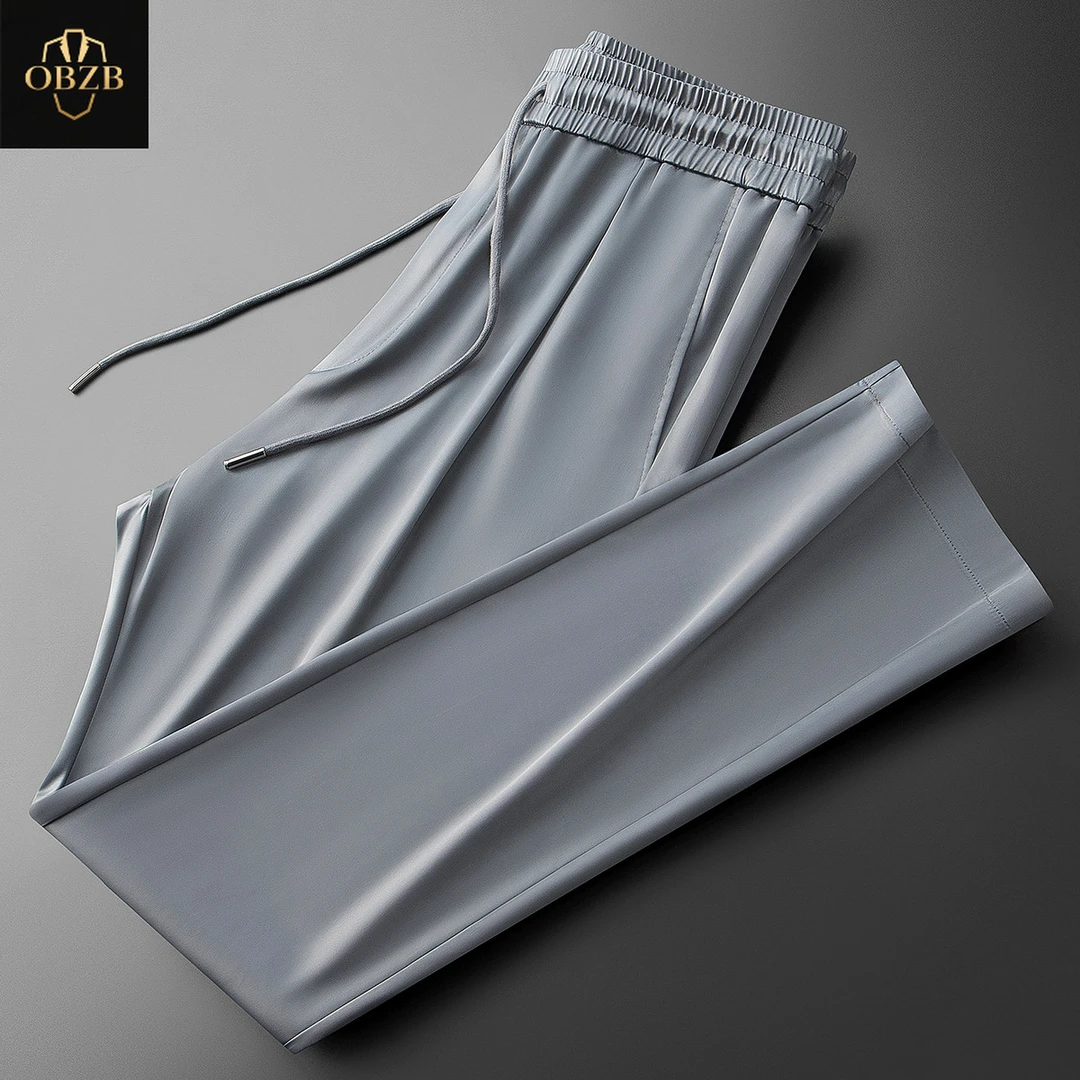 夏季时尚顺滑抗皱冰丝醋酸裤子男士百搭纯色运动微阔直筒休闲裤男