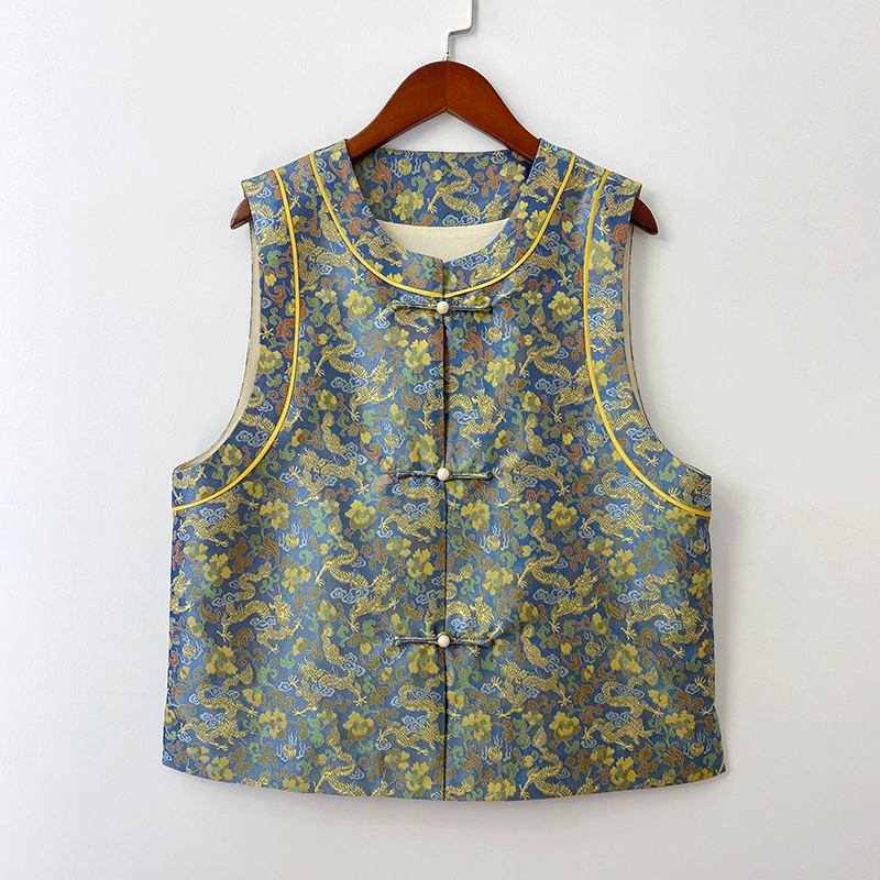 张和才蜀锦龙纹新中式国风立领对襟气质百搭桑蚕丝女士蜀锦马甲