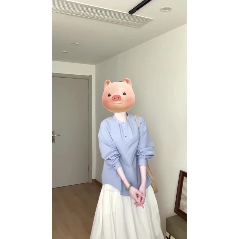 韩系复古甜美蓝色立领衬衫女早春休闲百搭长袖衬衣半身裙两件套装