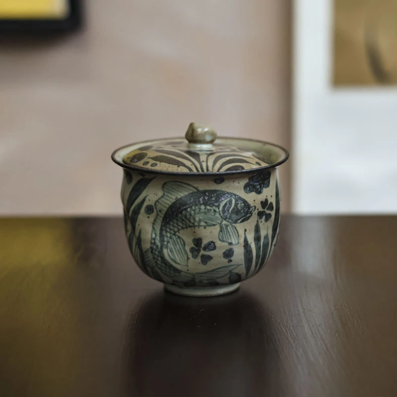 【悦生活】鱼藻纹元宝盖碗（逸沐0033）