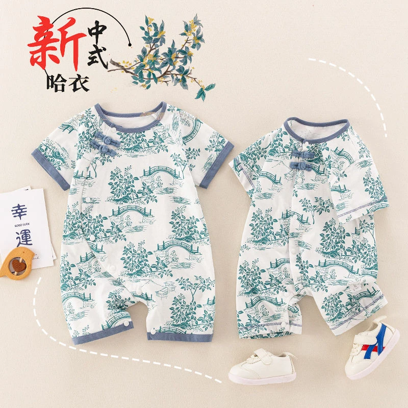 夏季短袖连体爬服哈衣中国风婴幼宝宝新生儿薄款
