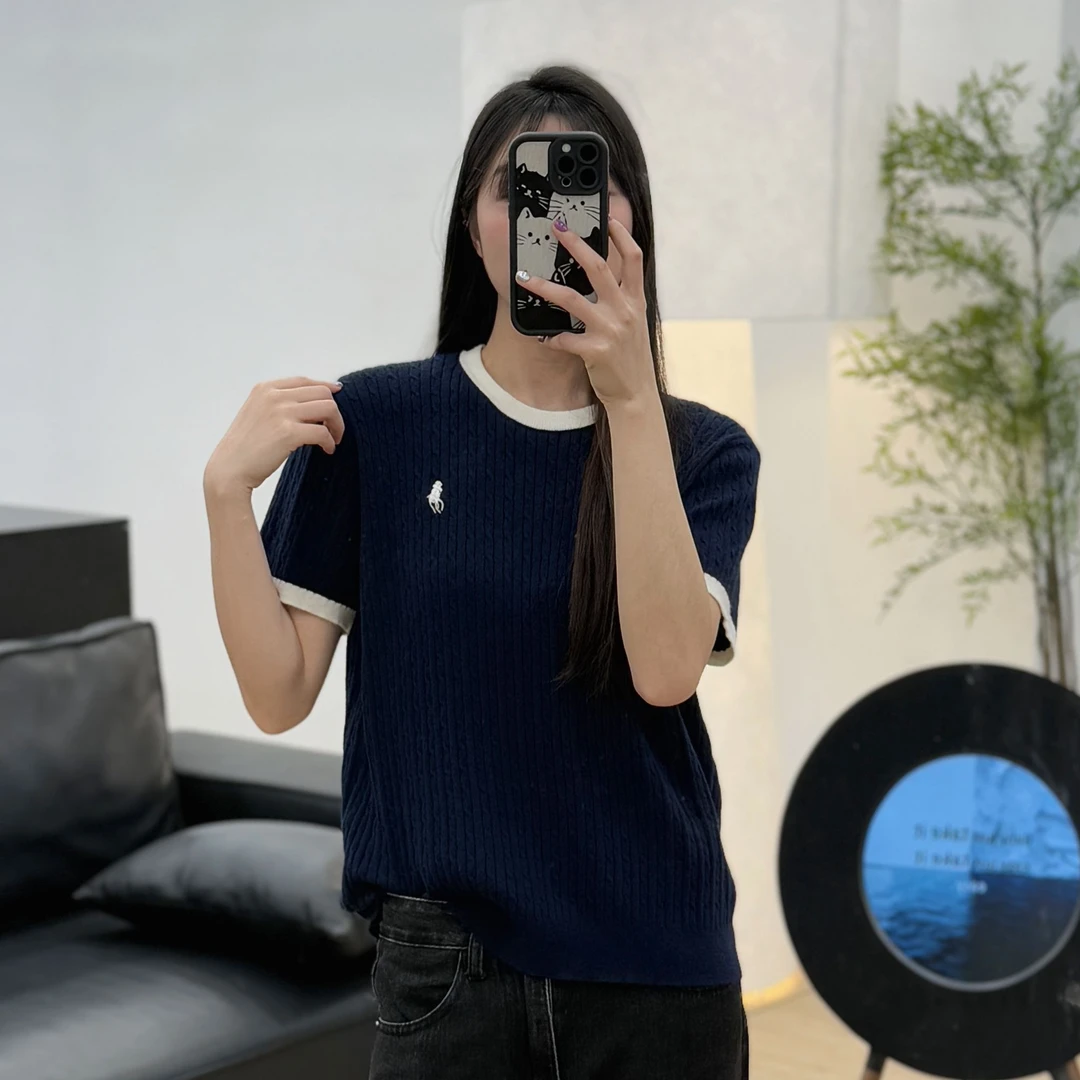 JUANJUNA自制白领藏蓝胸前刺绣短袖藏蓝色