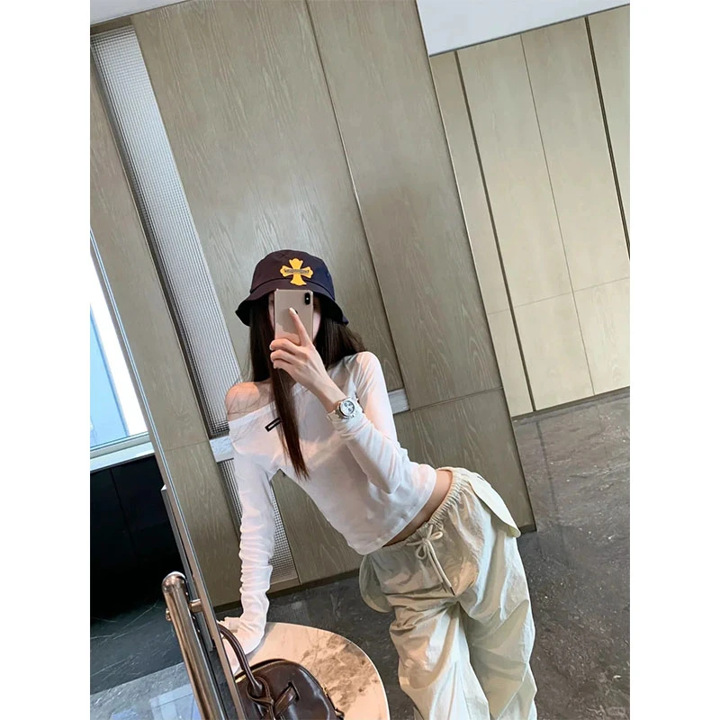 2025夏季新款纯欲风 一字领薄款长袖T恤束脚高腰拖地直筒裤两件套