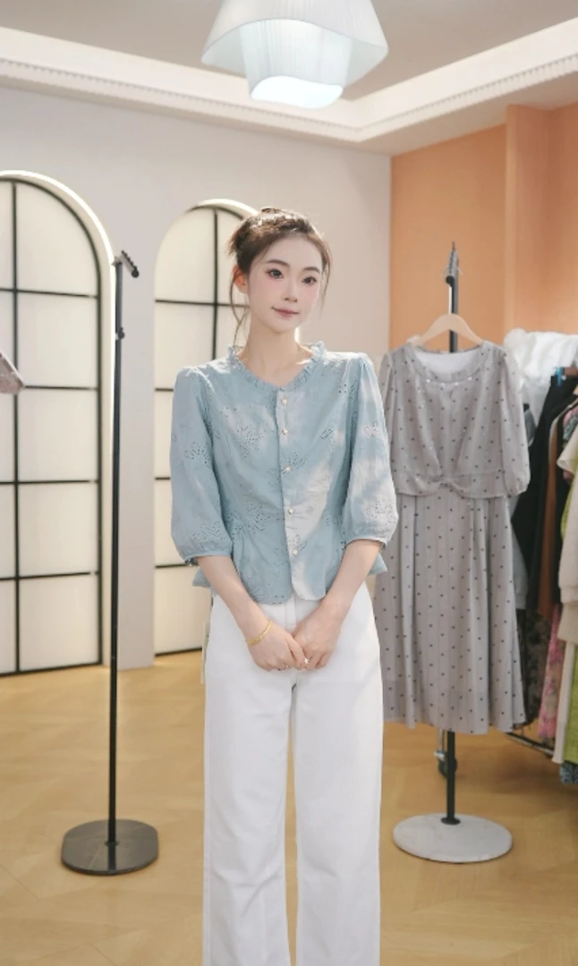 F3011新款收腰显瘦七分袖百分百棉高级感衬衫漂亮上衣