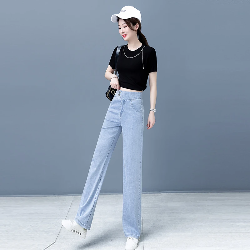 拉夏贝尔休闲垂感牛仔阔腿长裤女2023年夏季新款宽松显瘦直筒裤女