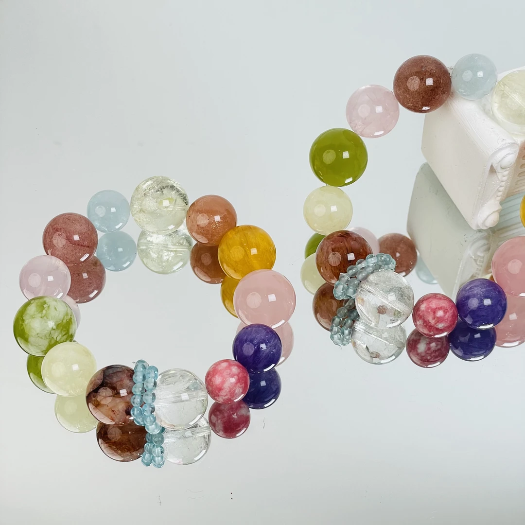 【2005 彩虹珠】萤石粉晶岫玉胶花等12-17mm手串多样性发其一Z