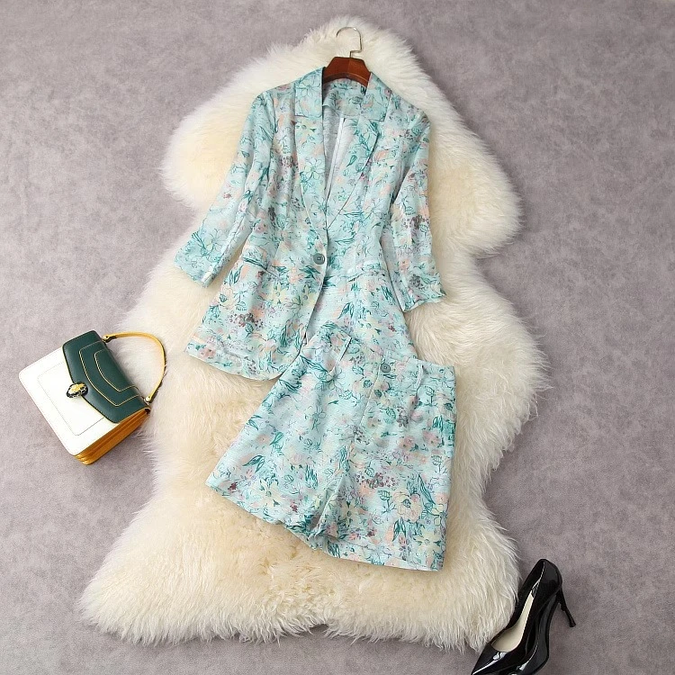 高端印花西装阔腿短裤套装女夏季新时尚气质高腰设计250111