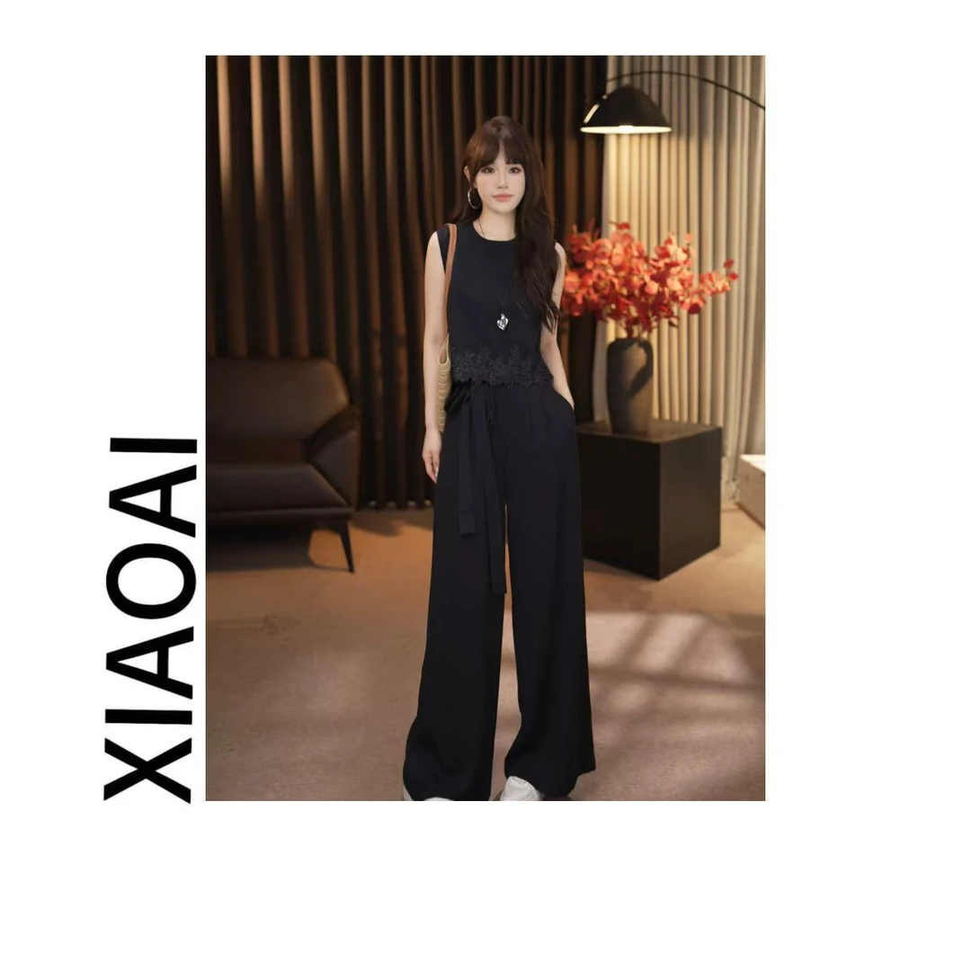 【XIAOAI】2025初夏新款高级显瘦气质高级花边马甲直筒裤套装女F103