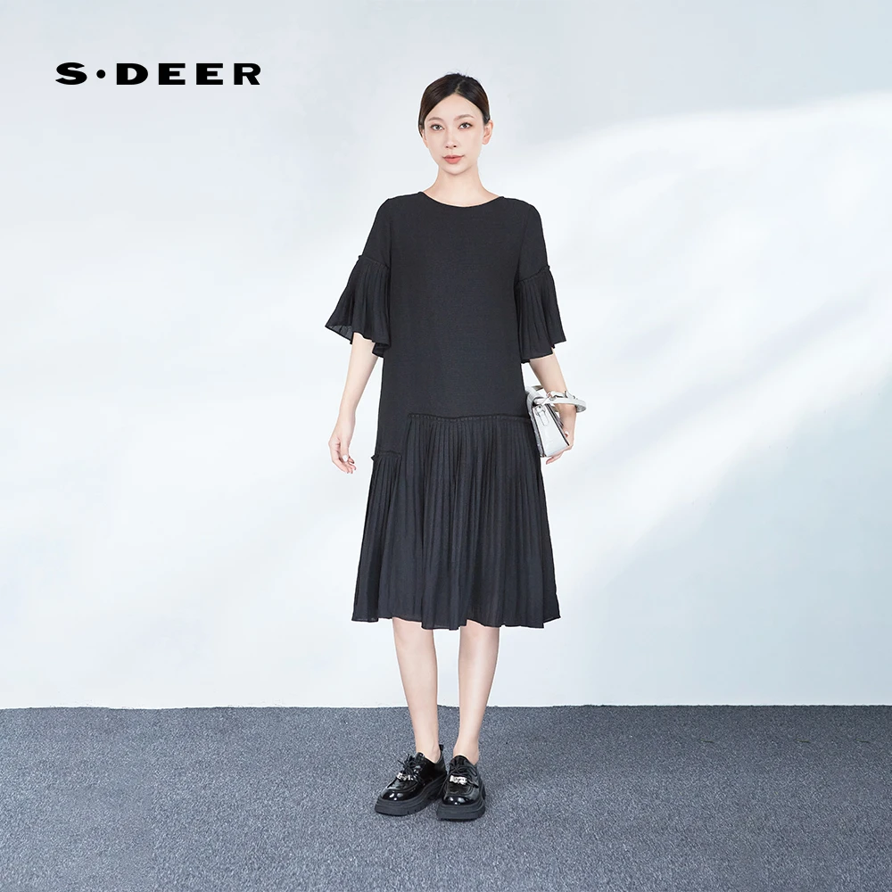 S·DEER圣迪奥女装时尚黑色设计师轻奢夏日连衣裙S243Z1224