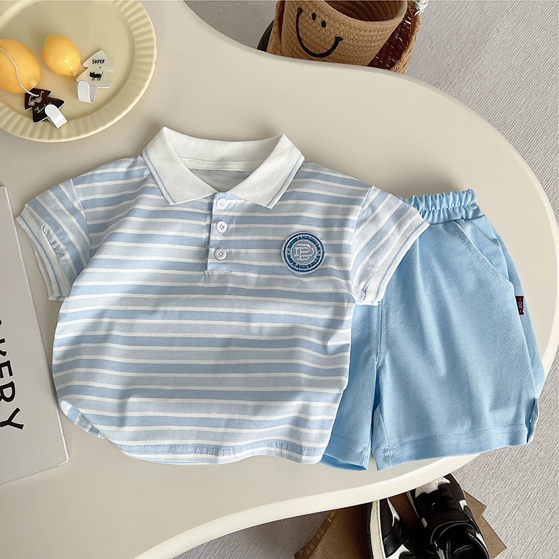 男女童夏季套装男童套装儿童洋气时尚条纹男宝小童翻领韩版帅气