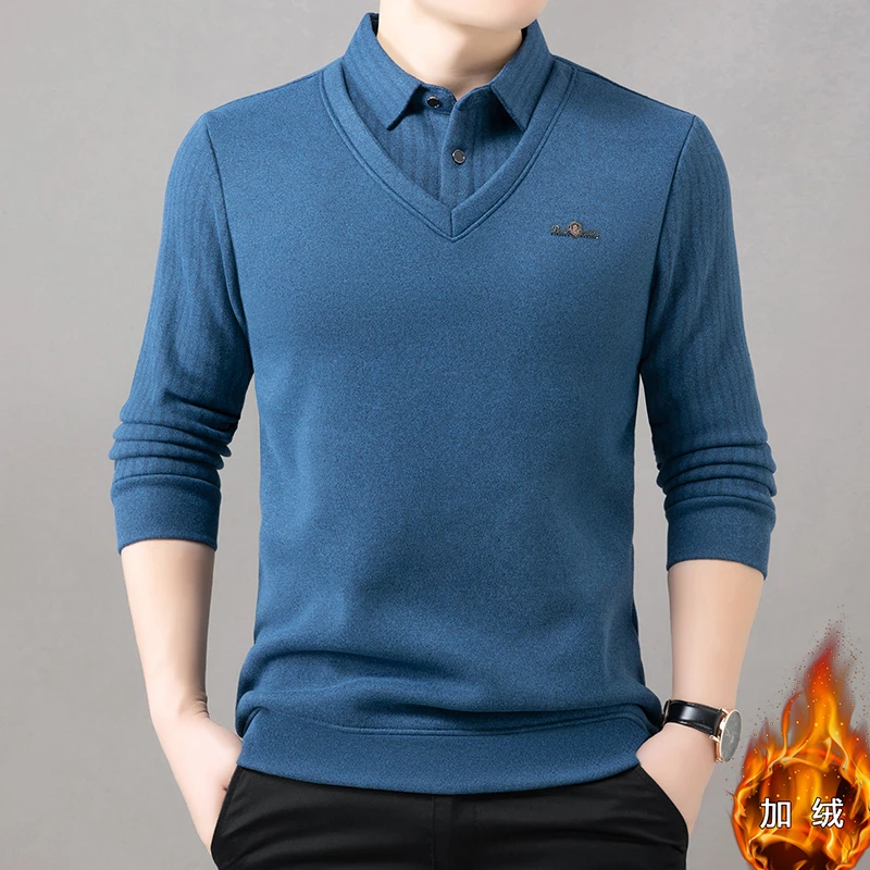 毛衣针织衫假两件针织长袖秋冬商务中年打底衫加厚男士翻领衬衫领