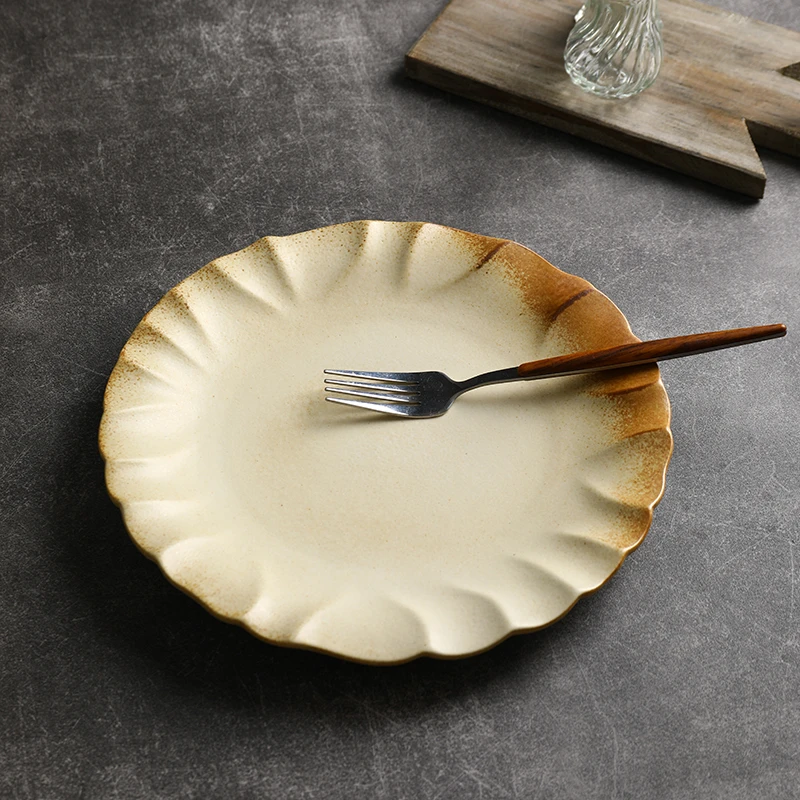 展颜粗陶平盘10寸窑变复古陶瓷盘装菜盘家用创意陶瓷盘家用菜盘