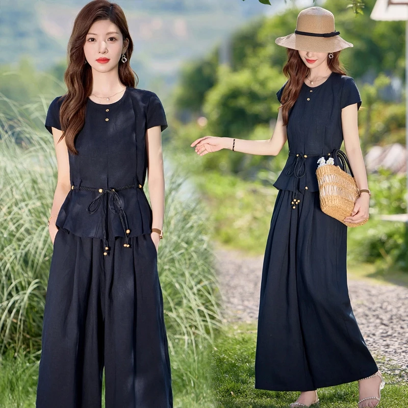 高级感时髦洋气休闲套装女2025夏季新款收腰压褶上衣阔腿裤两件套