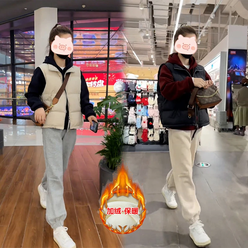 秋冬新款韩版叠穿宽松百搭短款棉服马甲加绒连帽卫衣卫裤三件套女