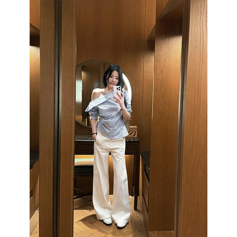 女士气质上衣2025洋气休闲法式一字肩条纹斜肩气质衬衫高腰阔腿裤
