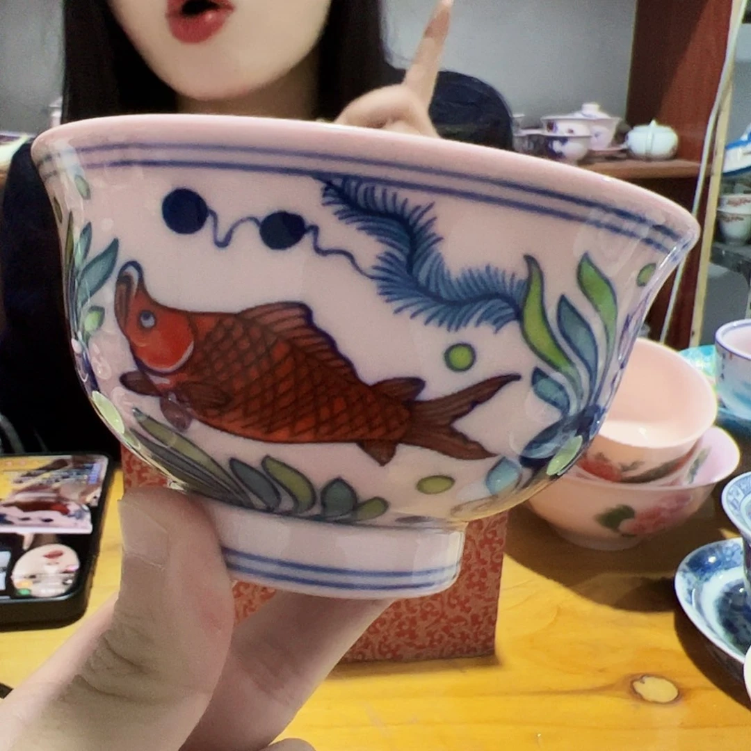 摆件瓷景德镇红xixi鱼藻碗