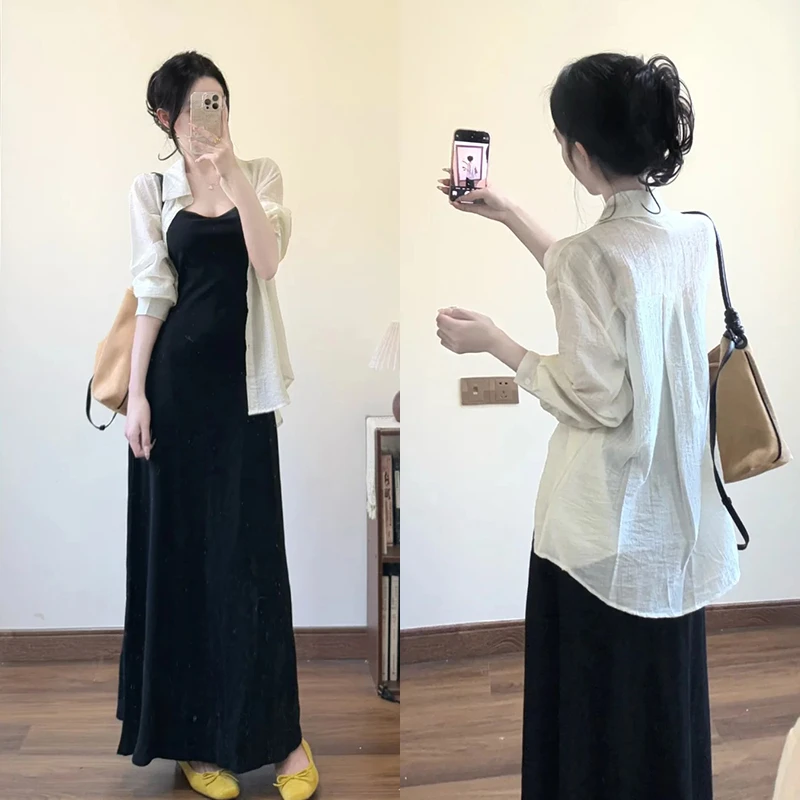 春夏搭配一整套大尺码胖mm防晒衬衫衬衫收腰显瘦减龄吊带裙两件套