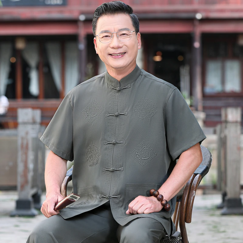 唐装中老年人衬衫爸爸夏季短袖套装中国风太极中老年男士老人衬衣