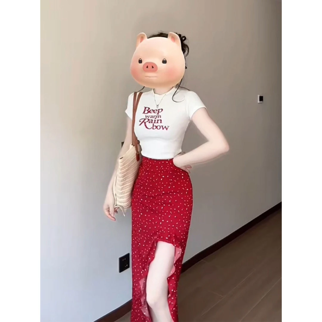 韩系正肩短袖T恤碎花半身裙套装女夏季新款高级感气质甜美两件套
