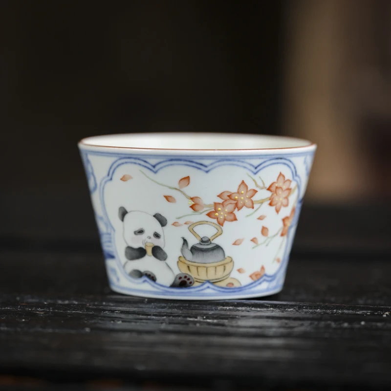 【珽专属】开窗斗彩梅花熊猫煮茶猪口杯(160ml)（新墨冉0358）