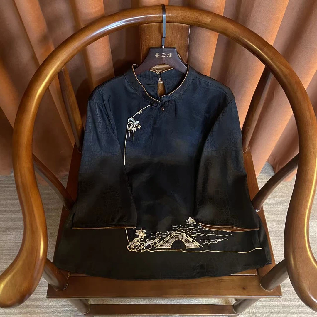 【洛城】春夏冰凉新中式气质长袖衬衫提花斜襟衬衣圆领国风上衣