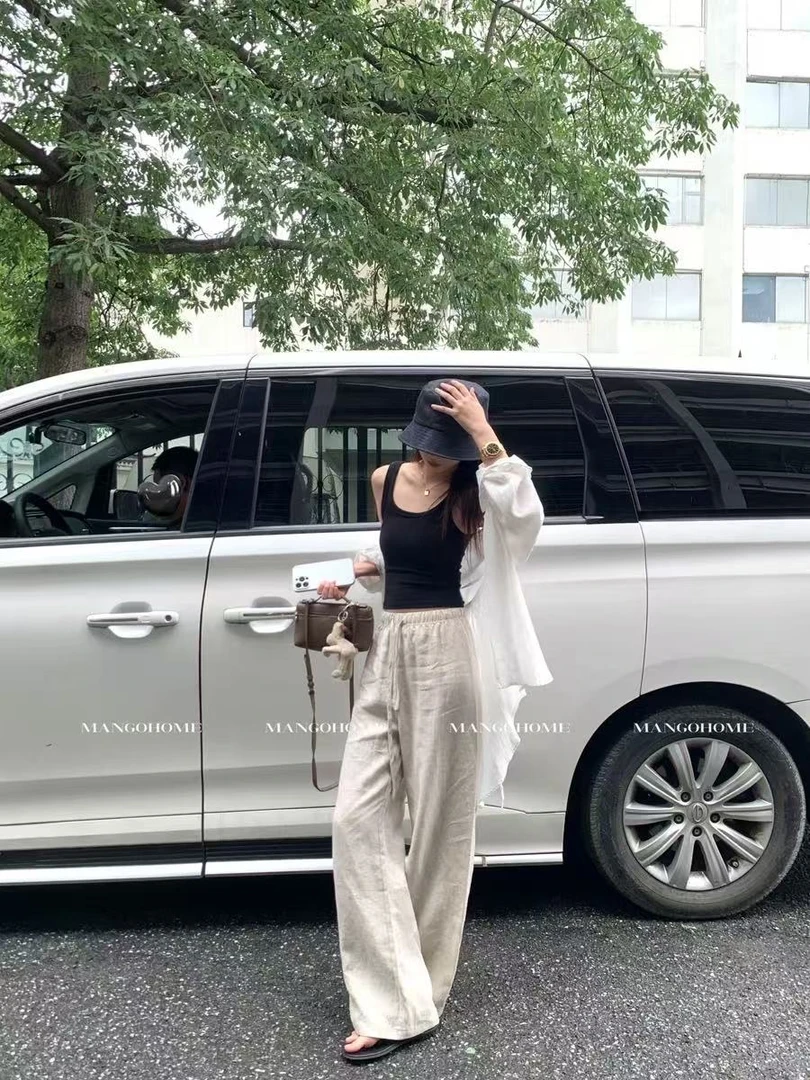 门店款 天丝亚麻裤女款2025新款夏季薄款冰丝时髦高腰阔腿长裤子