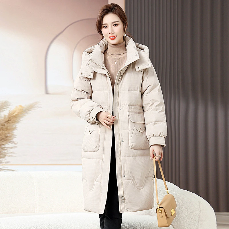 中年妈妈冬装羽绒服2025新款连帽纯色中长款洋气加厚保暖