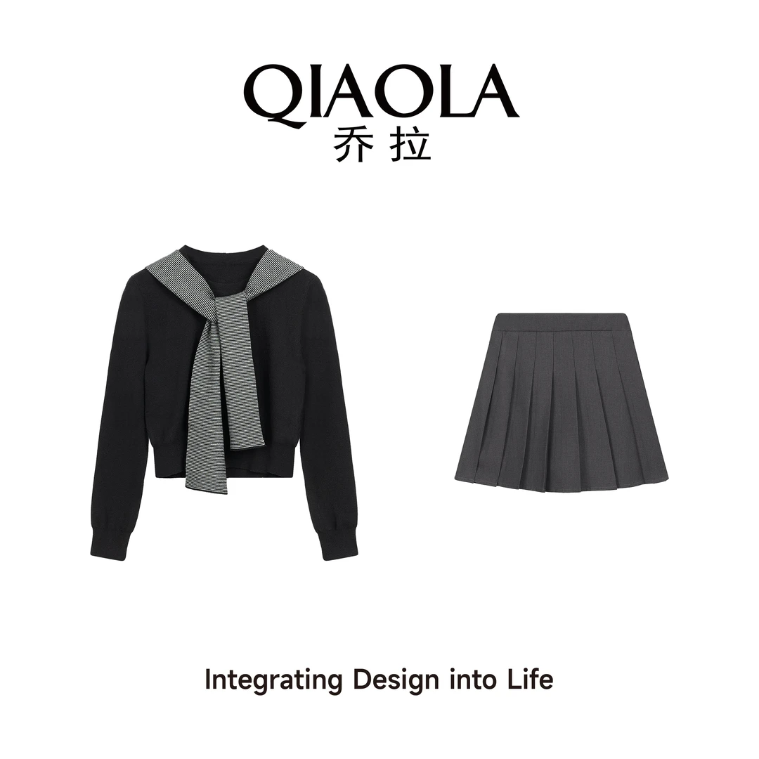 QIAOLA/乔拉【茶森私立】秋季包芯纱披肩长袖百褶慵懒减龄套装预售