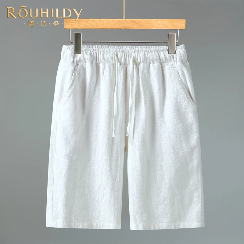 Rouhildy休闲裤男白色透气棉麻五分裤中年男士白色直筒短裤子