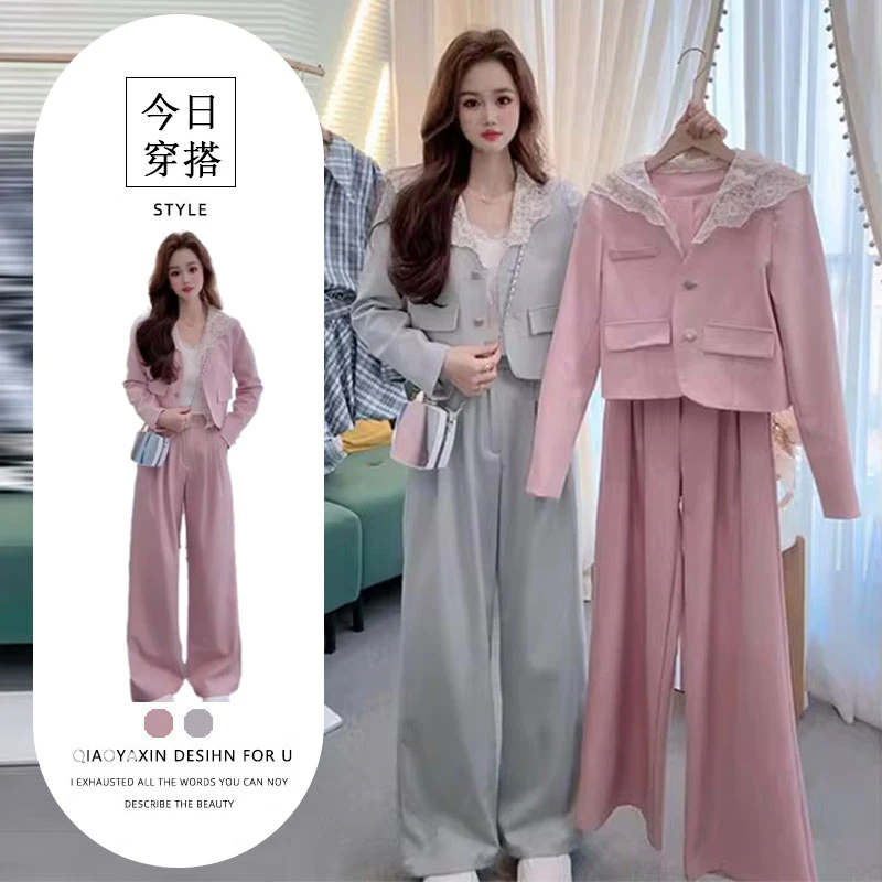 时尚蕾丝拼接连帽西装套装女春季2025新款休闲裤两件套高级感套装