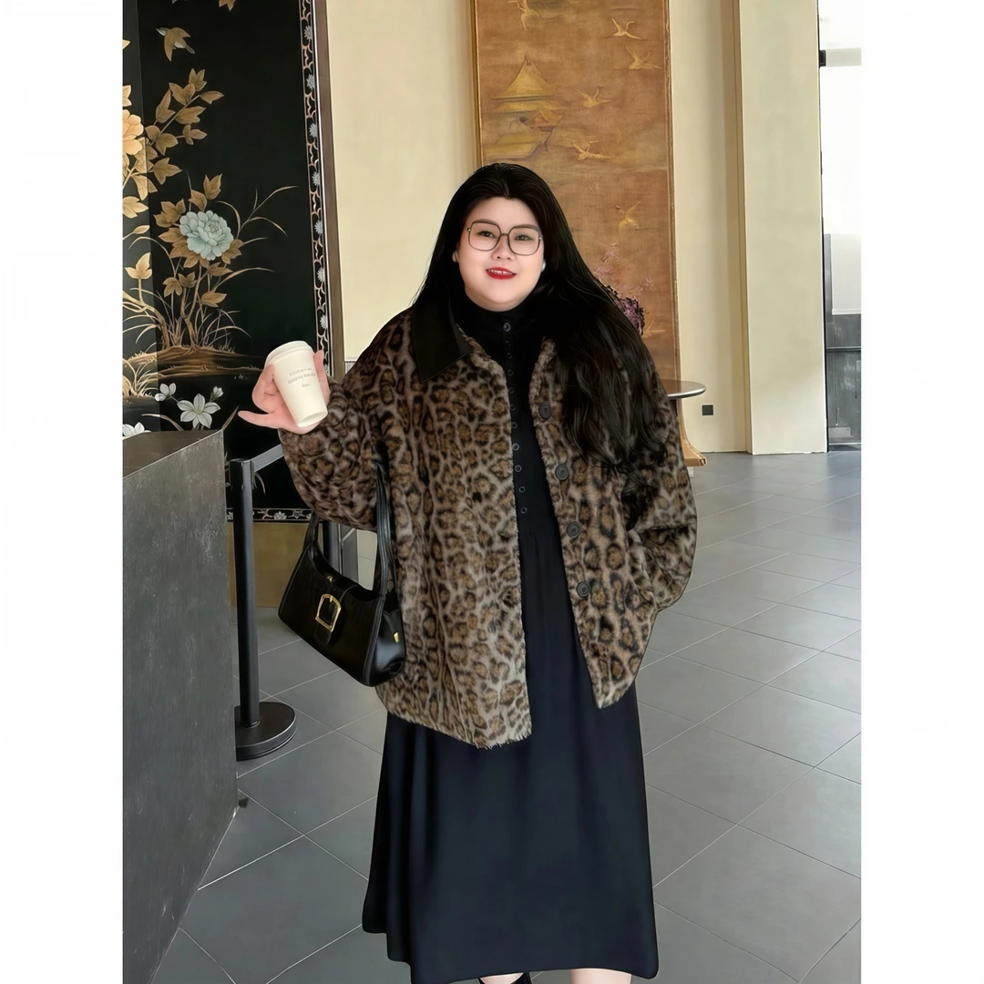 花契“江原初雪”大码女装冬季百搭200斤胖mm毛茸茸豹纹外套16649-X