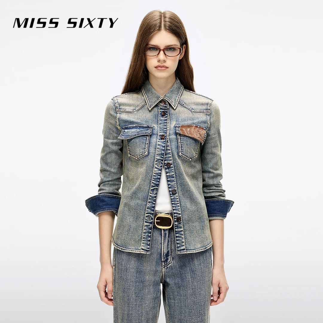 Miss Sixty2025秋季新款长袖牛仔衬衫女翻领洗水拼贴设计感流光风