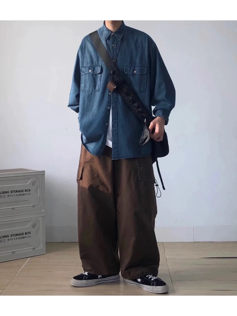 【KIKI】日系复古工装潮牌咖啡色裤子宽松休闲直筒阔腿束脚裤G23