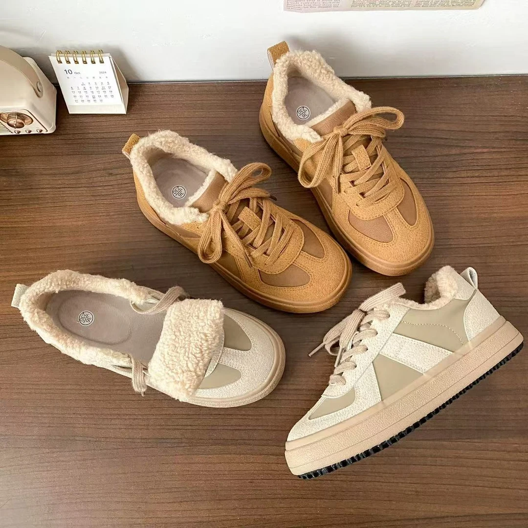 羊羔毛绒厚底加绒德训鞋冬季保暖加厚2024新款复古百搭棉鞋-6580