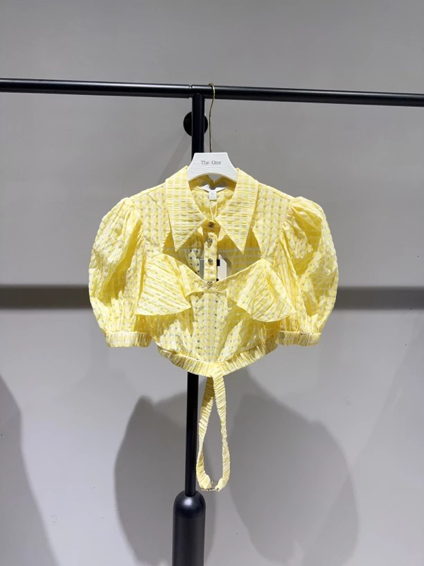 灯笼袖短款夏季条纹短袖翻领衬衫外套荷叶边连衣裙白色上衣