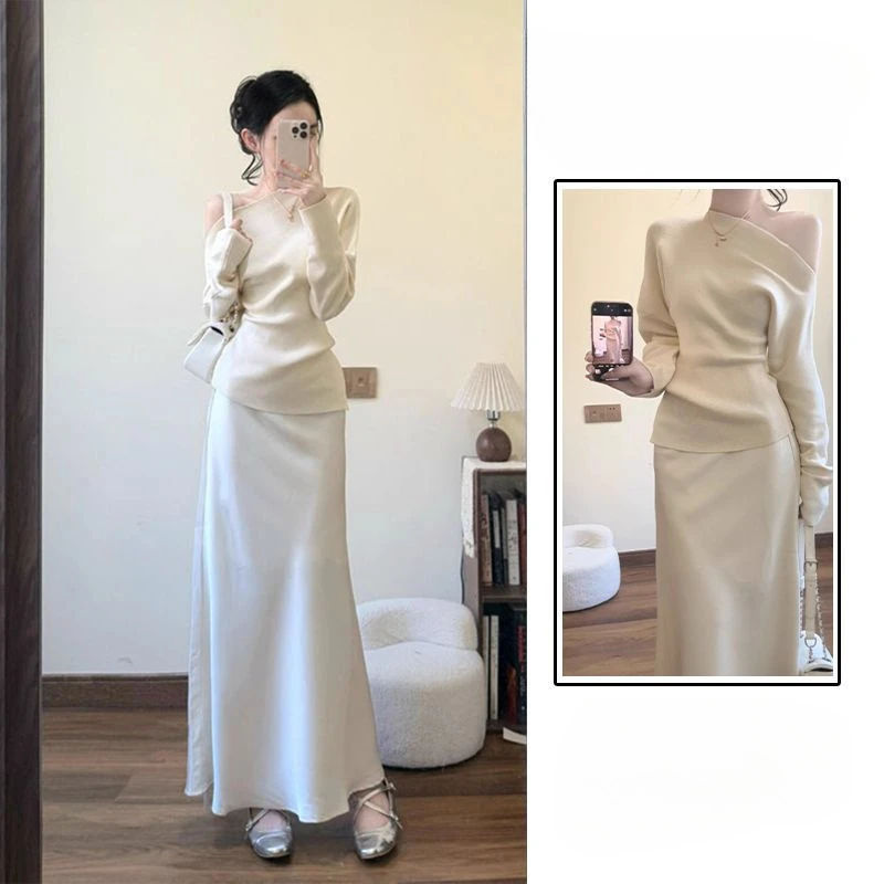 其他100%秋季2025新款法式高级感修身收腰露肩上衣高腰半身裙气质