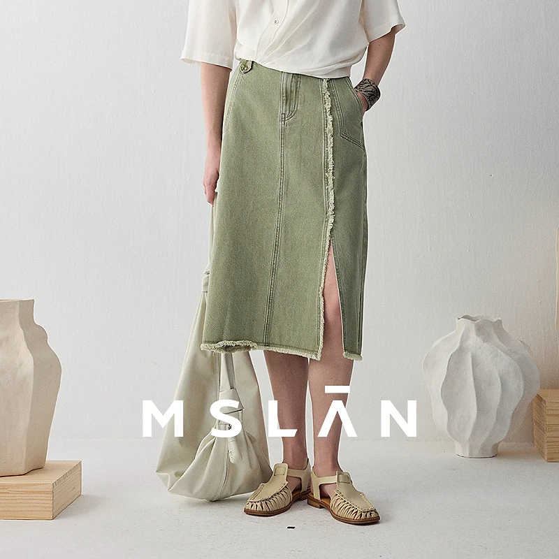 MSLAN【商场同款】新款拼接毛边显瘦半身裙直筒牛仔半裙女 MFCM8301