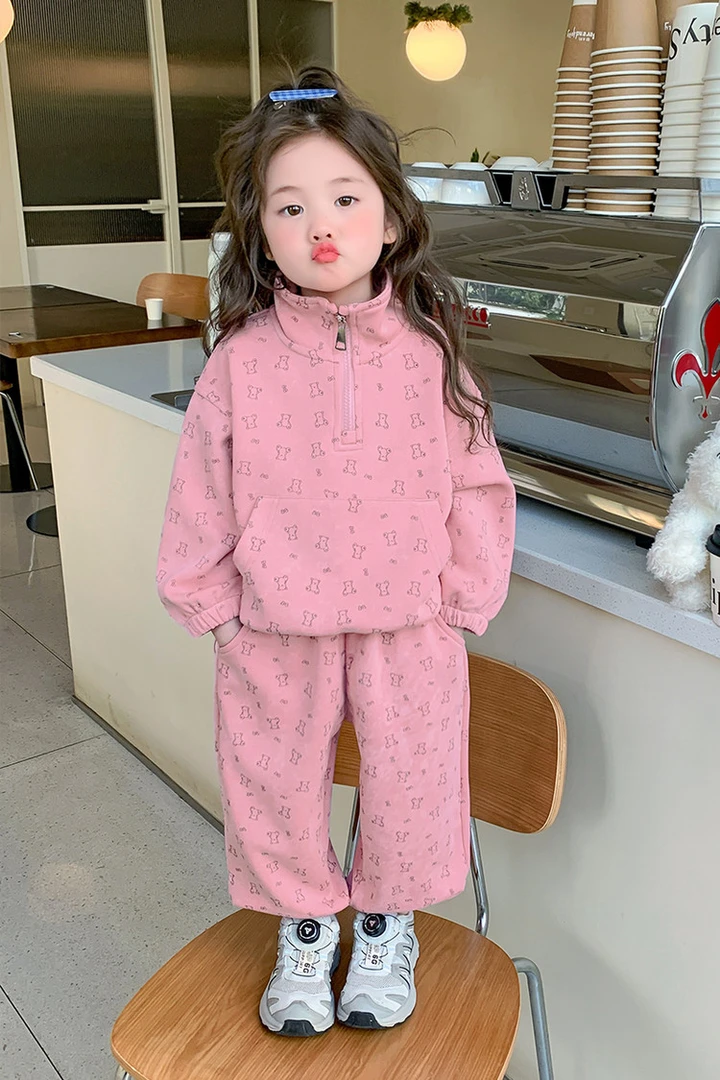 （断码清仓）女童春秋套装2025新款女孩韩版洋气小熊满印两件套潮